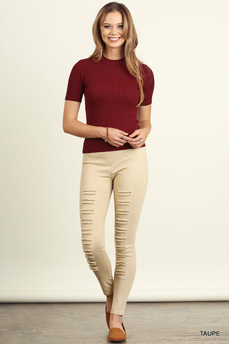 High Waist Distressed Jeggings.     Tan Color