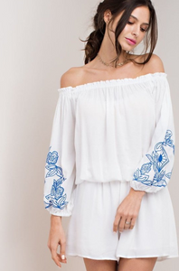 Off shoulder Embroidery Sleeve Romper White with Blue Embroidery