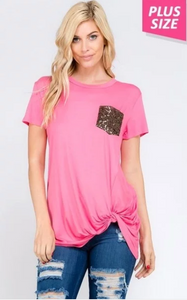 Pink Short sleeve shirt with sequin chest pocket and a cute twist  knot tie