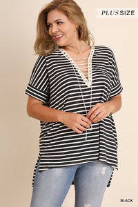 **JUST IN ** plus size Striped High Low Top with Drawstring Neckline