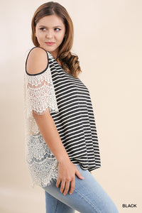 PLUS SIZE  Black and white Striped Open Shoulder Top with a Sheer Lace Back and Sleeves